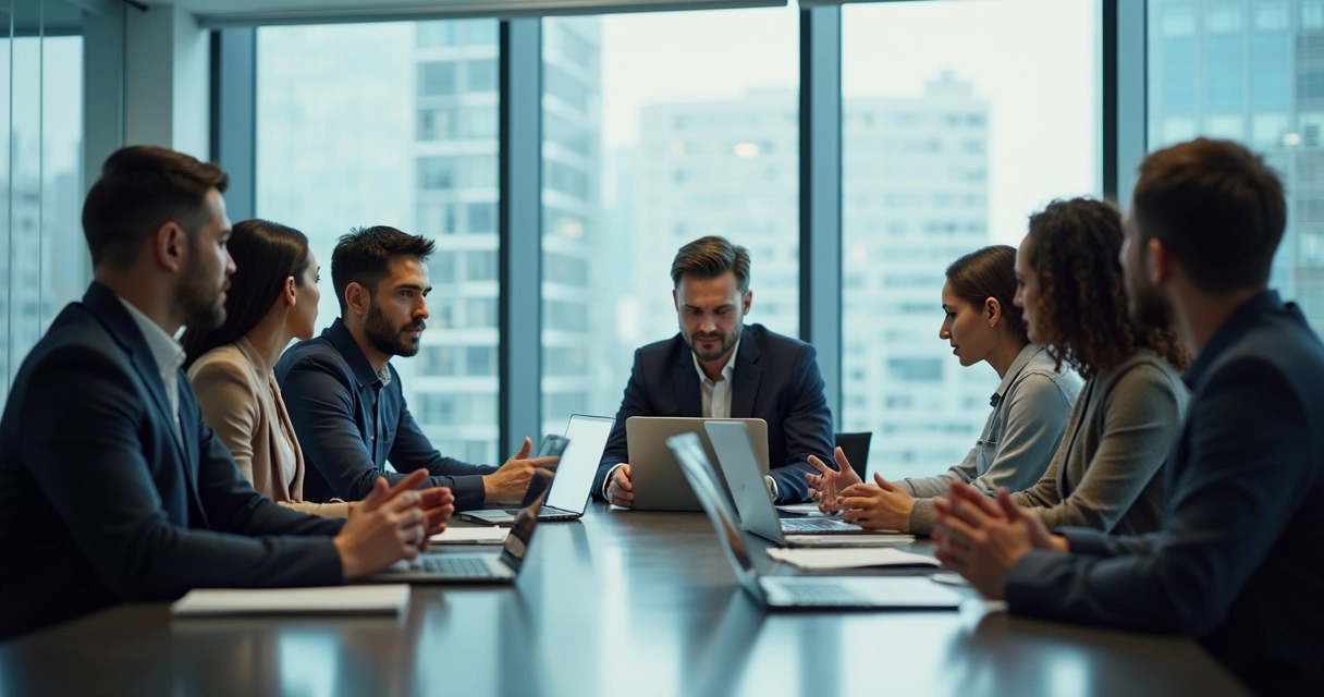 Equipe de tecnologia em uma sala de reunião escutando feedback 