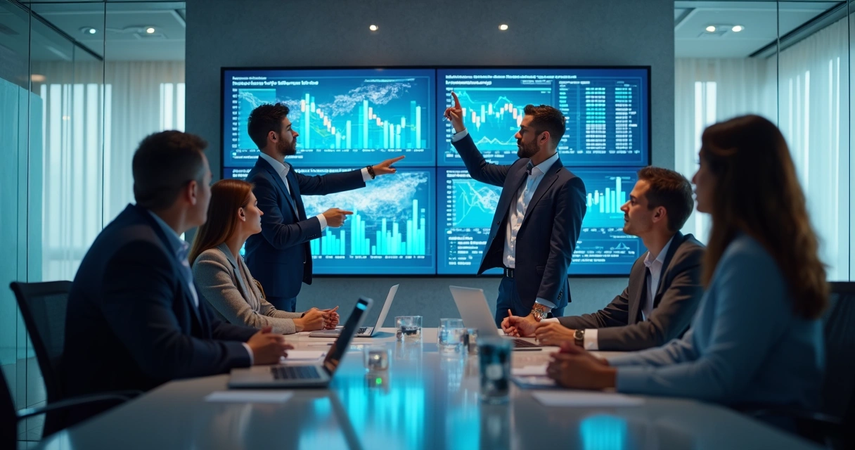 Equipe de finanças reunida em sala, analisando gráficos em telas digitais 