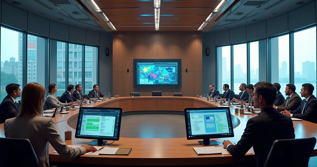 Sala de reunião de câmara municipal brasileira com vereadores e assessores reunidos em torno de uma mesa, e monitores mostrando gráficos de IA proativa.