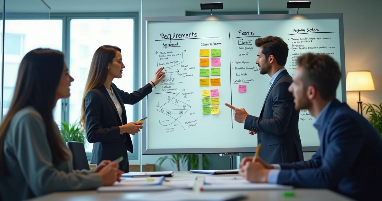 Sala de reunião com equipe discutindo requisitos, quadros e post-its na parede 