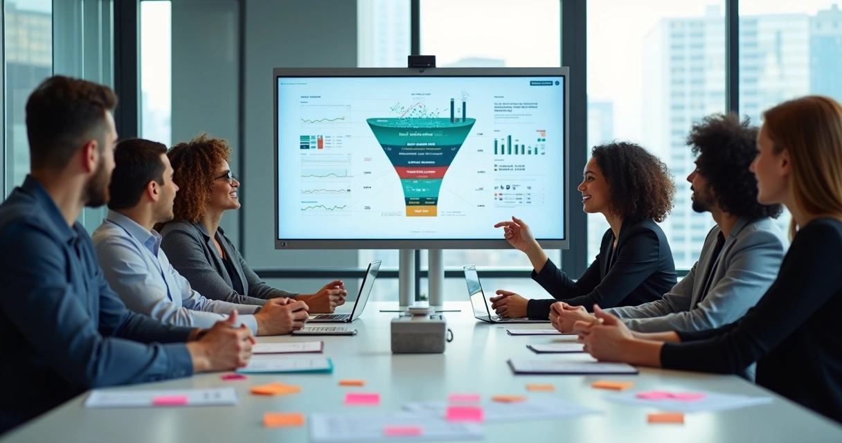 Equipe comercial de BPO financeiro analisando funil de vendas em tela de computador 