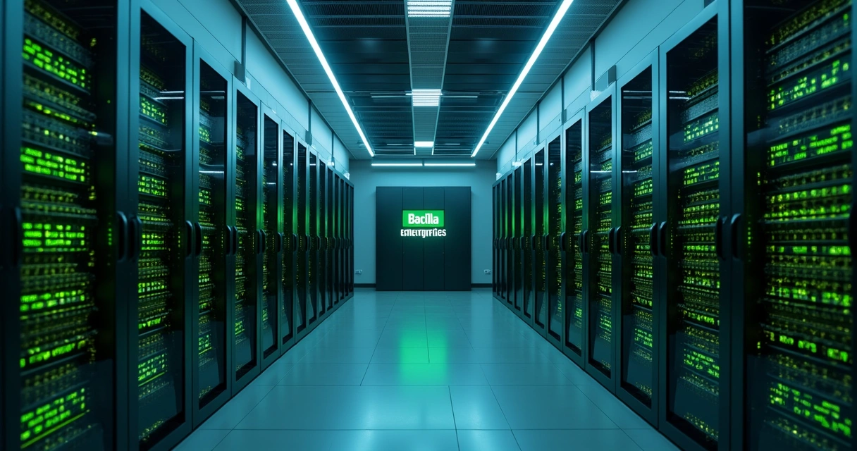 Servidor corporativo com luzes verdes e dados protegidos 