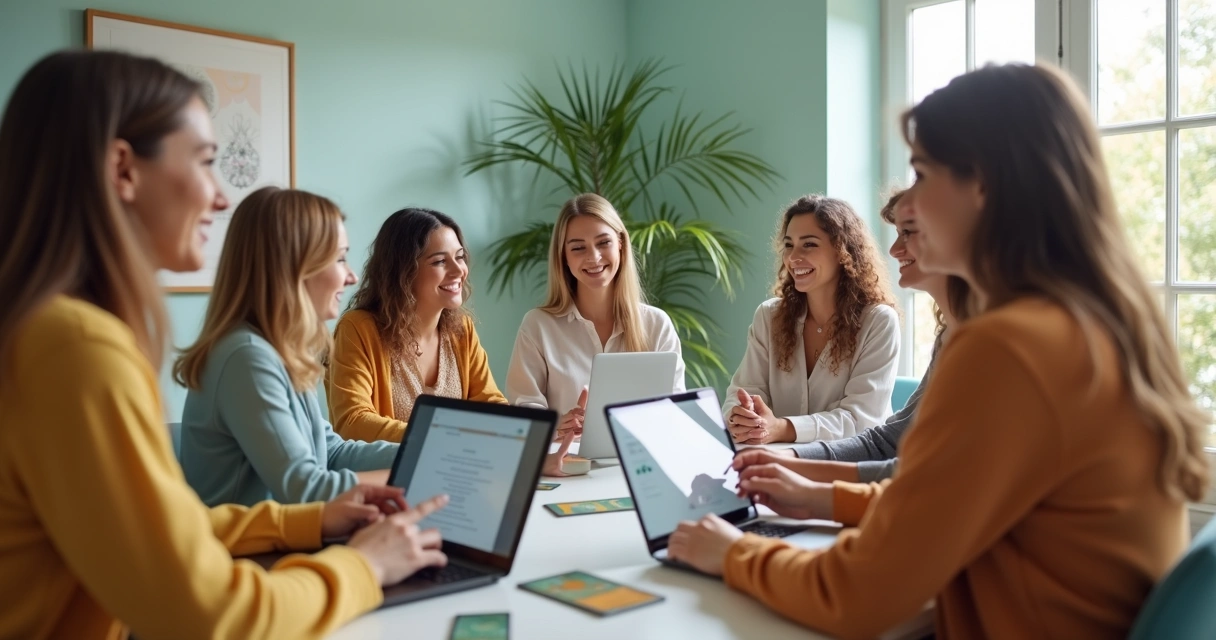 Grupo de tarólogas sorrindo em sala de atendimento virtual 