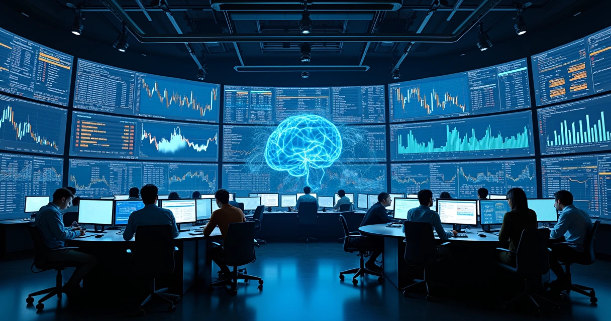 Sala de trading moderna com telas de análise e gráficos monitorados por inteligência artificial