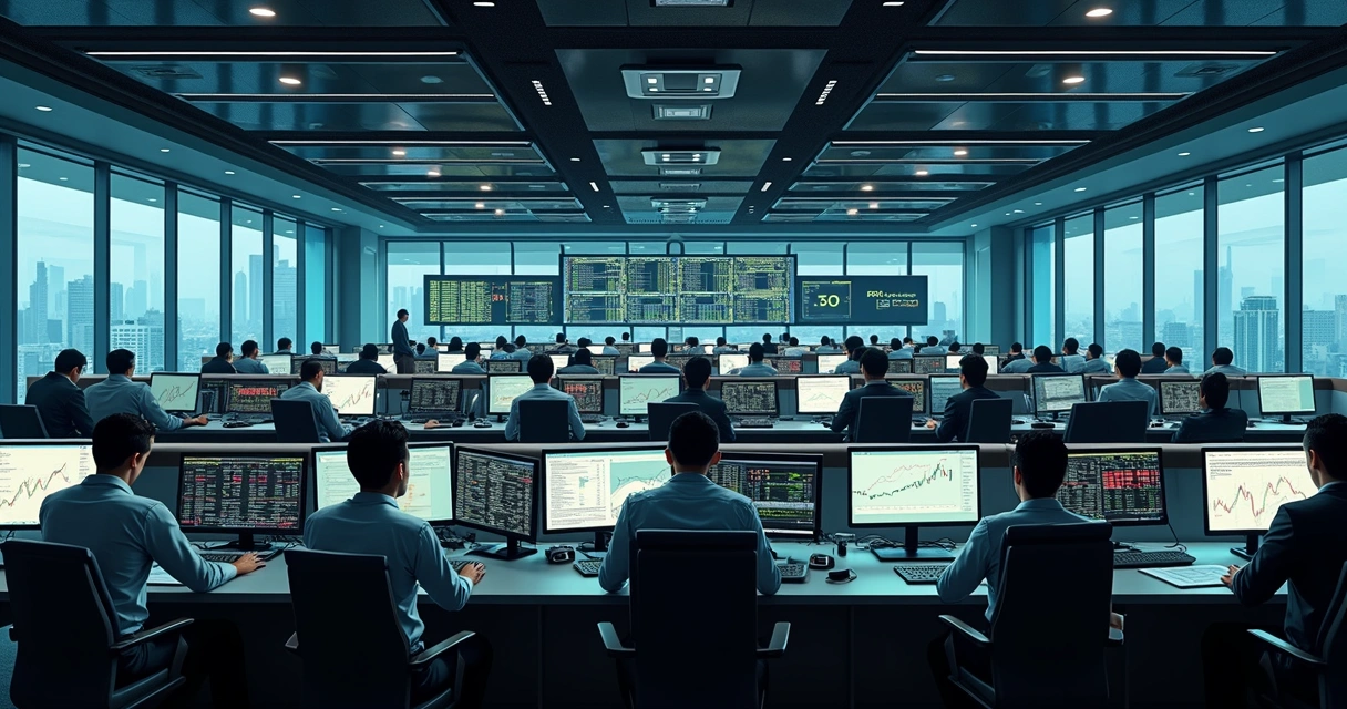 Sala de trading com monitores com gráficos financeiros 