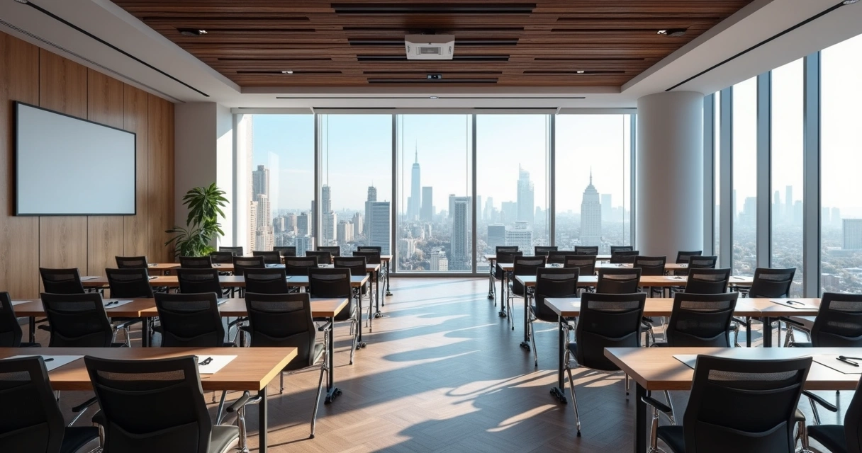 Sala de treinamento corporativo com cadeiras vazias e projetor