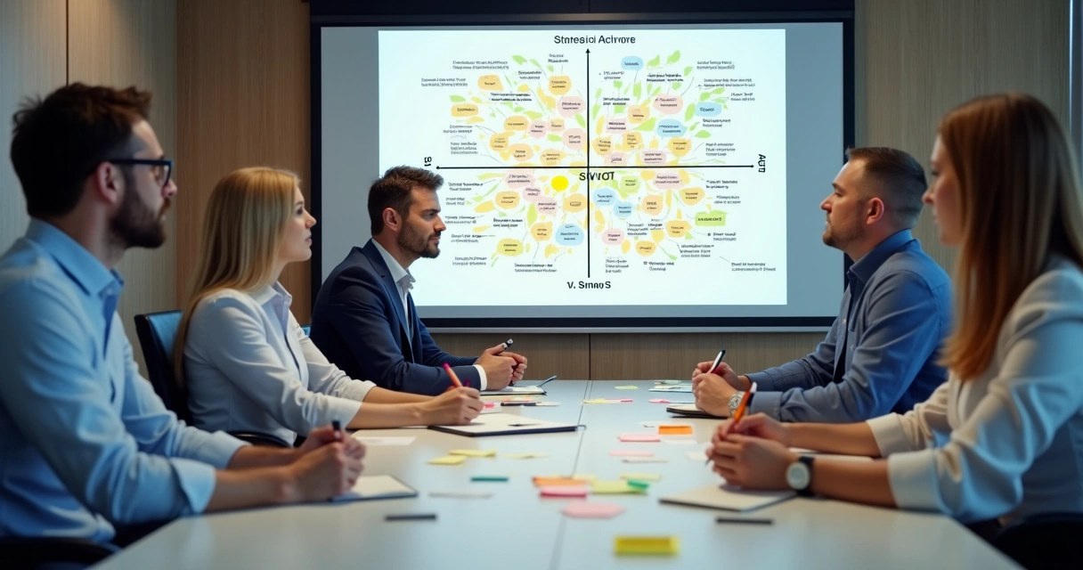Sala de reunião de PME com quadro de prioridades estratégicas derivadas da SWOT 