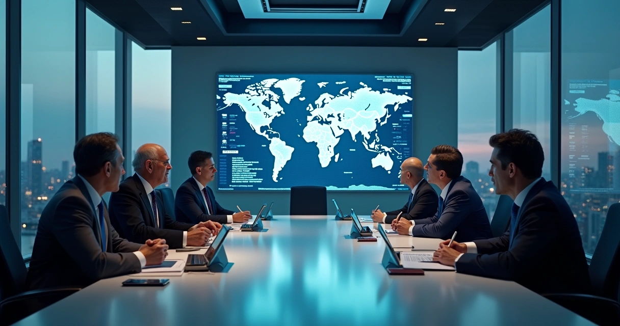 Líderes em sala de decisão observando mapas e telas com dados globais