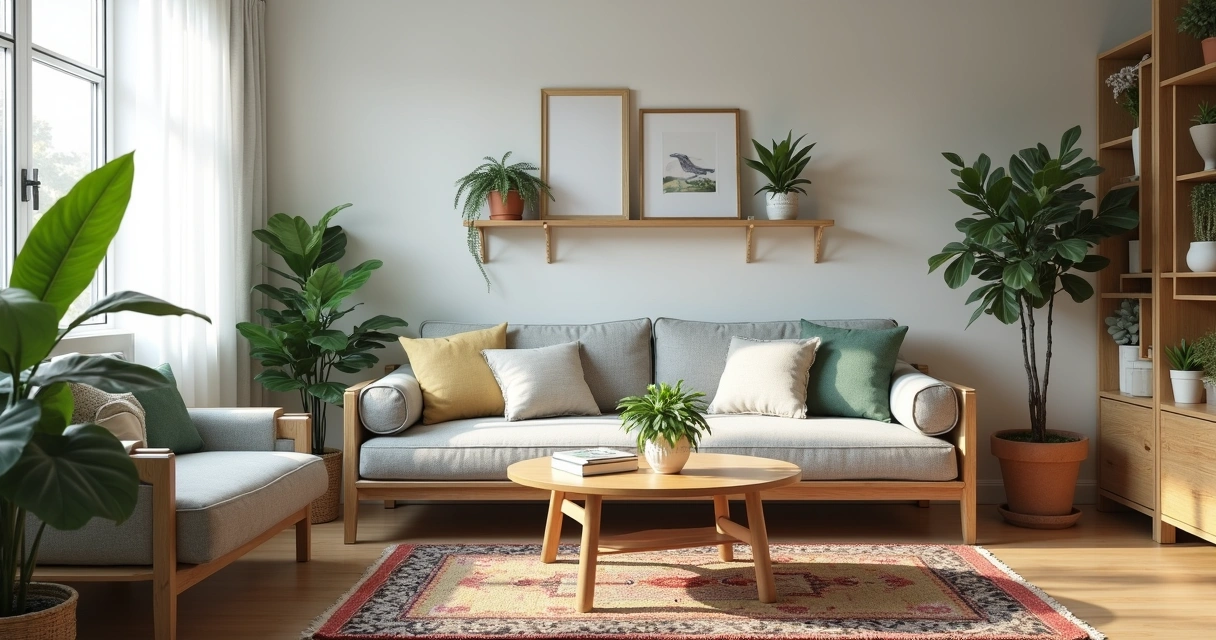 Sala pequena decorada com móveis usados, plantas e quadro na parede 