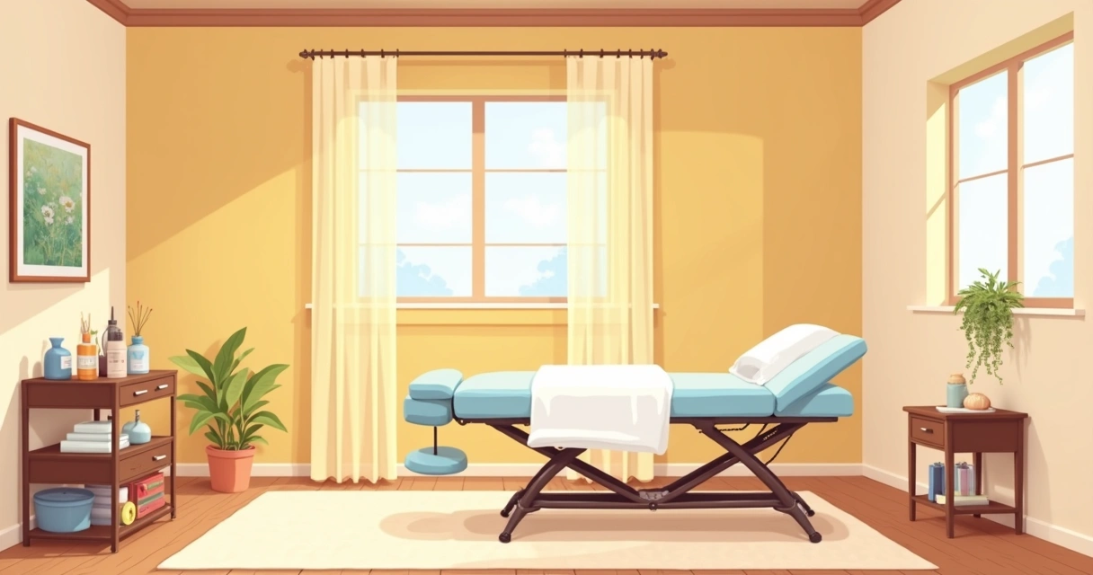 Sala de depilação organizada, com maca, carrinho auxiliar, iluminação quente e decoração suave. 