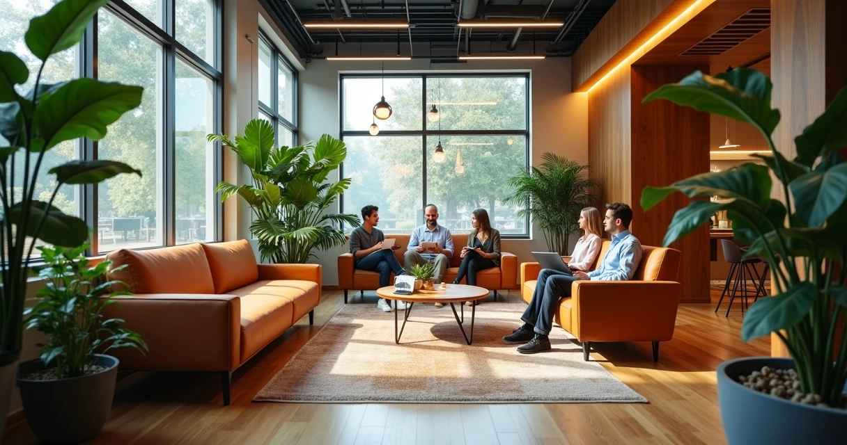 Sala de descanso moderna com sofás e plantas, usada por funcionários para relaxar 