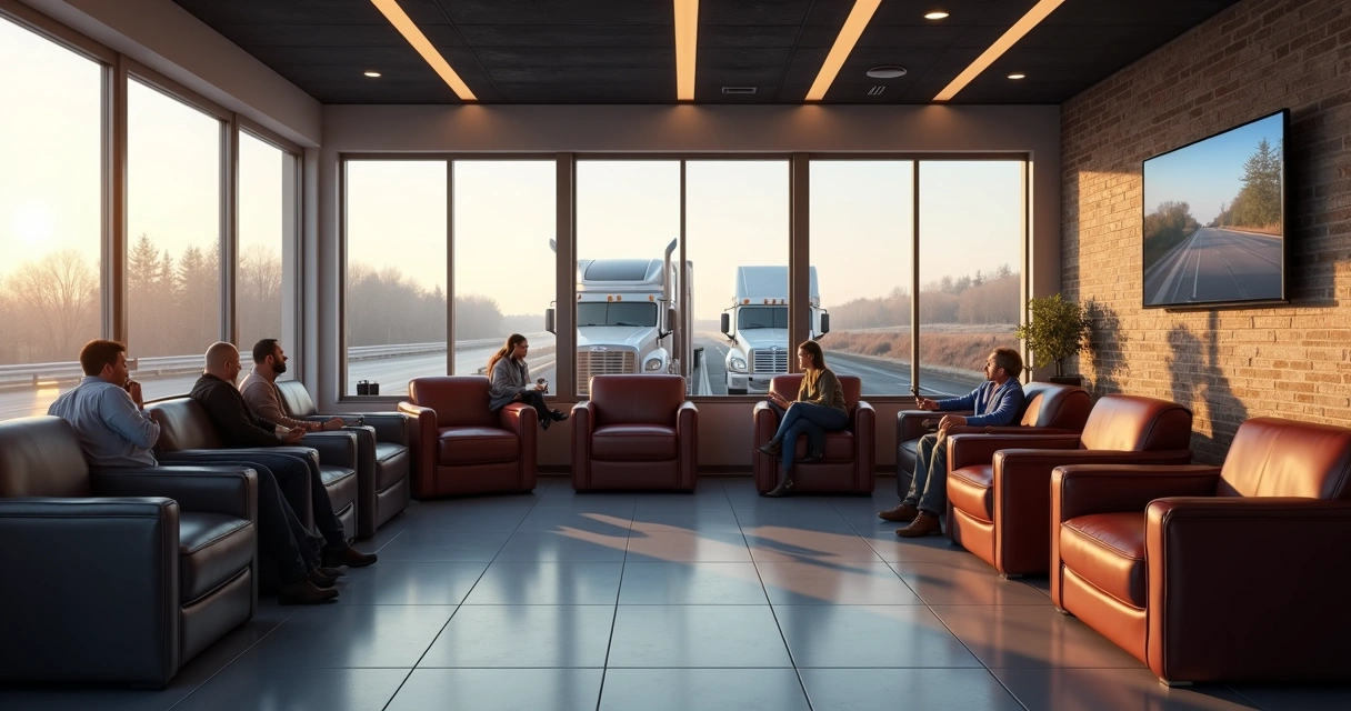 Sala de descanso com poltronas confortáveis, TV e caminhoneiros relaxando. 