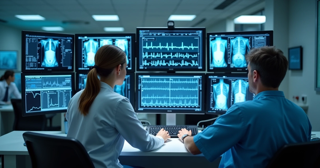 Equipe médica acompanhando exames digitais em ambiente de clínica moderna 