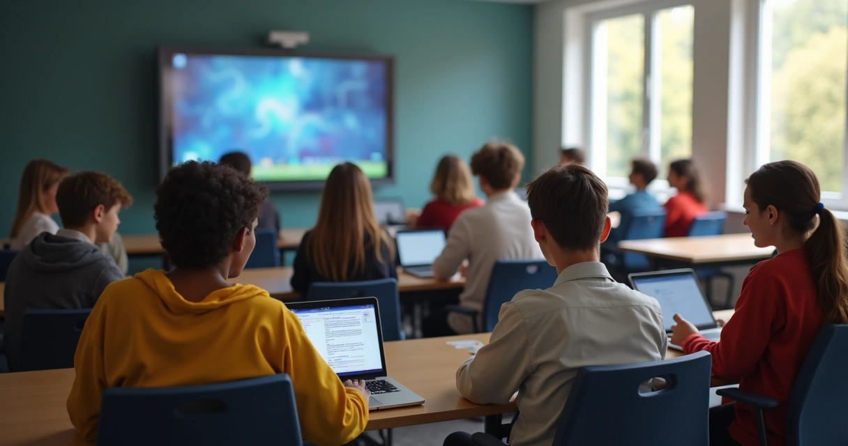 Alunos usando diferentes dispositivos na sala de aula