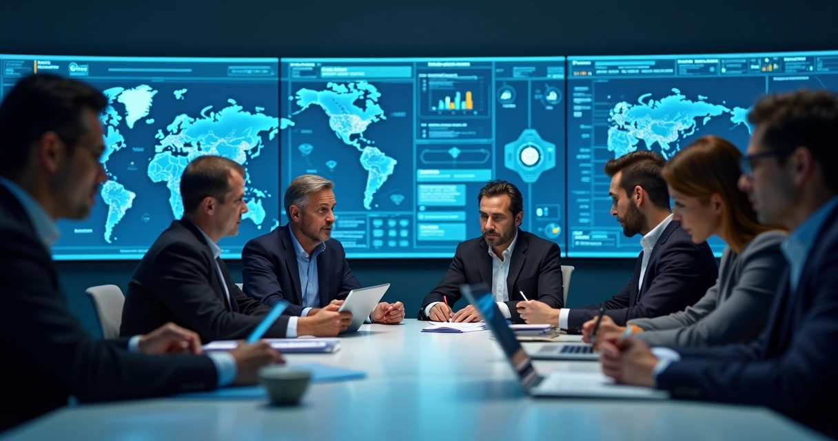 Diretores de empresa em sala de reunião analisando opções tecnológicas