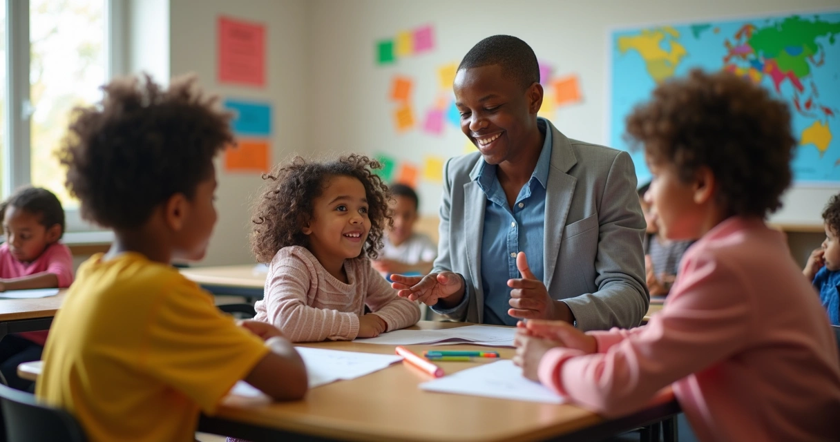 Alunos de diferentes perfis em sala de aula interagindo 