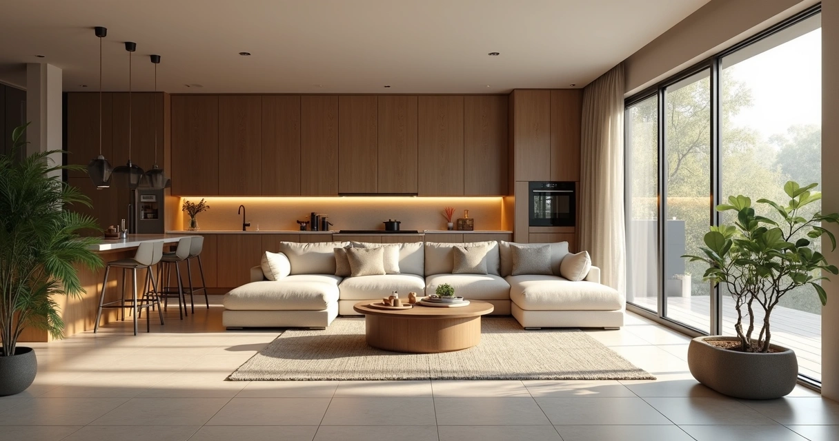 Sala com divisória de vidro decorada de forma elegante 