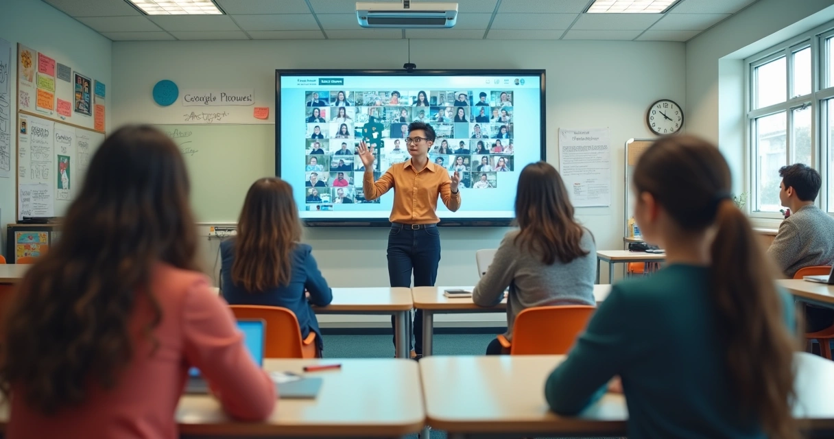 Ambiente misto de sala de aula presencial e alunos em videoconferência. 