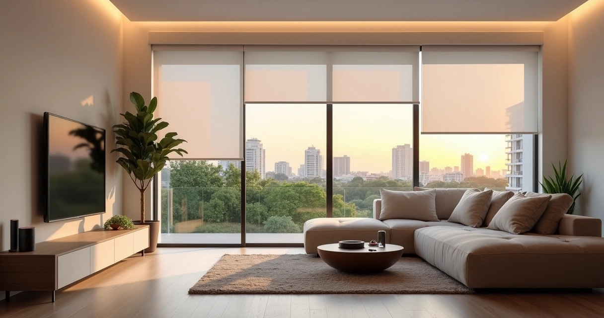 Sala de apartamento de alto padrão em Ecoville com persianas motorizadas integradas à automação residencial 