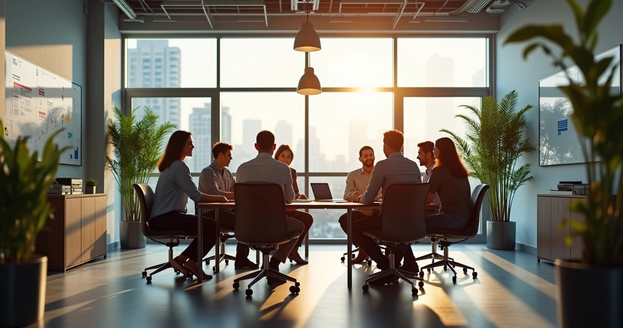 Sala de empresa moderna com equipe reunida