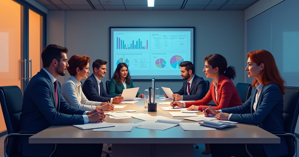 Equipe em uma sala de reunião discutindo denúncias corporativas