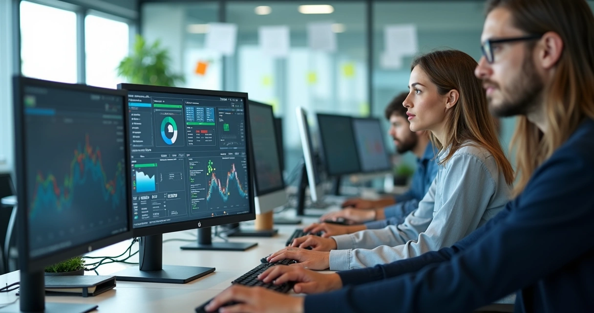 Equipe trabalhando em computadores em um escritório, com telas exibindo gráficos e relatórios financeiros 