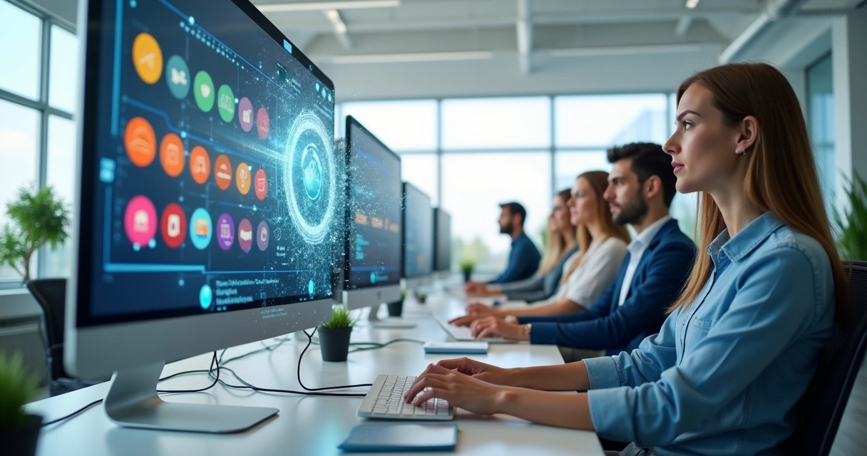 Sala de empresa com funcionária usando software de integração