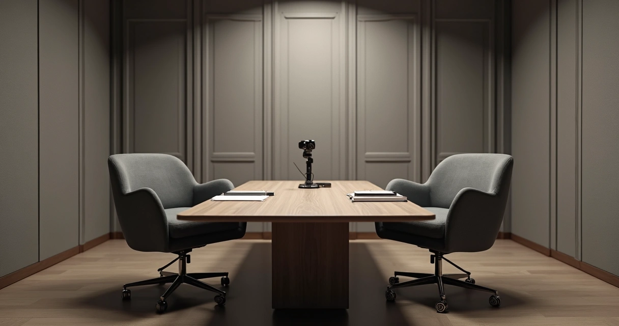 Ambiente preparado para entrevista forense, com móveis discretos, gravador na mesa. 