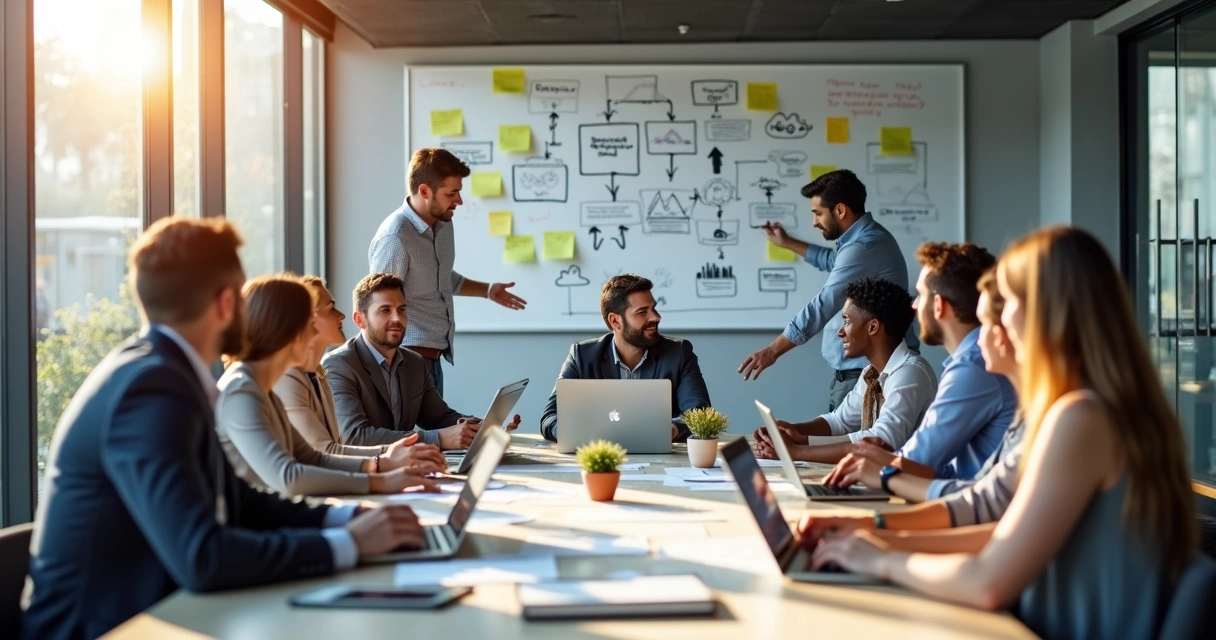 Equipe analisando processos de automação em sala de reunião 