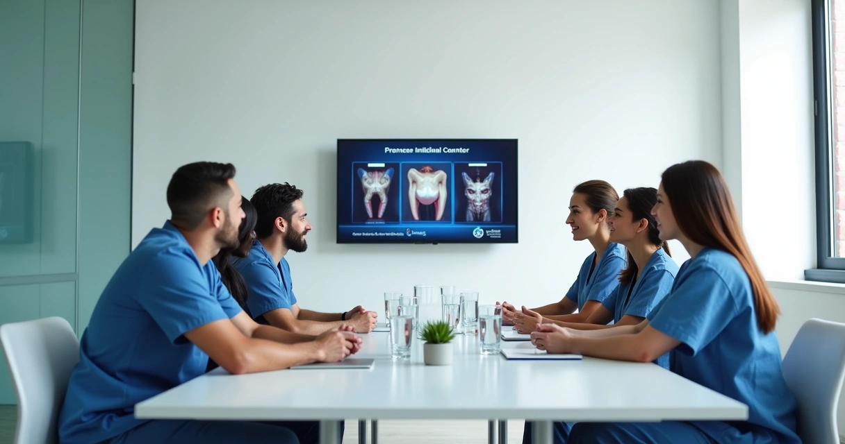 Equipe de clínica odontológica em sala de reunião com ambiente moderno. 