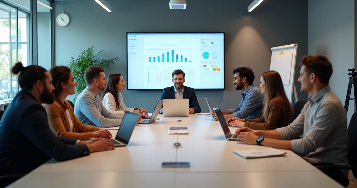 Equipe reunida em treinamento online interativo 