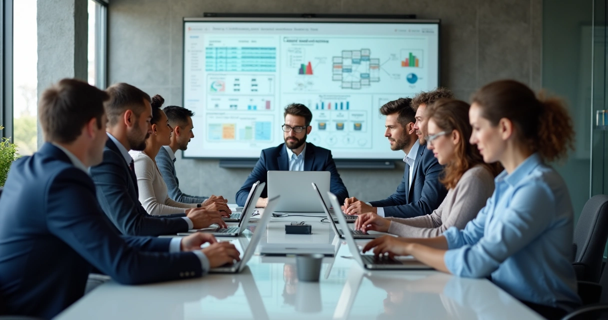 Equipe de profissionais ao redor de uma mesa com notebooks, analisando gráficos de continuidade de TI