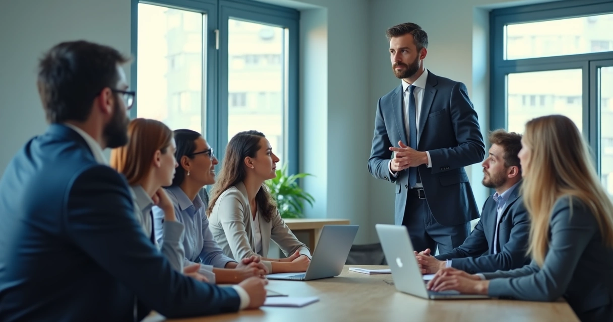 Equipe escutando atentamente um líder que se expressa pouco 