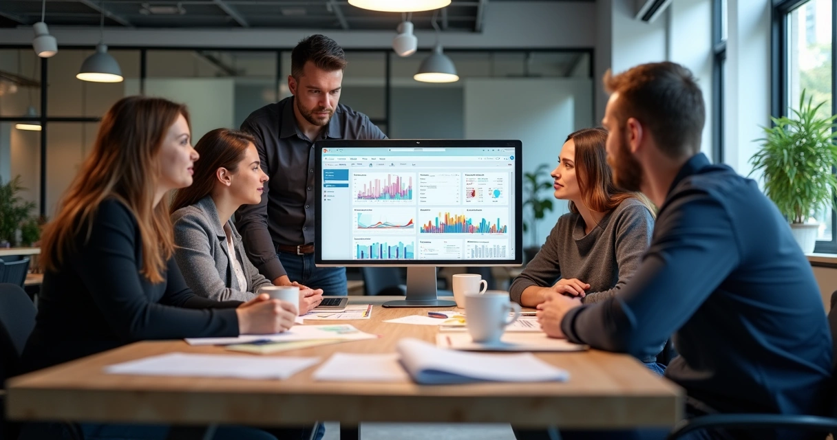 Equipe de gráfica ao redor de mesa analisando tela de computador com gráficos e pedidos 