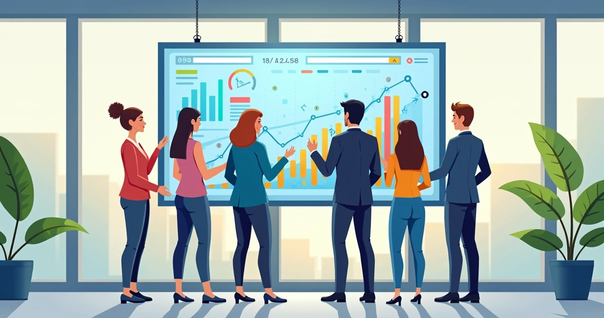 Equipe de uma empresa analisando projeções financeiras em tela com gráficos coloridos 
