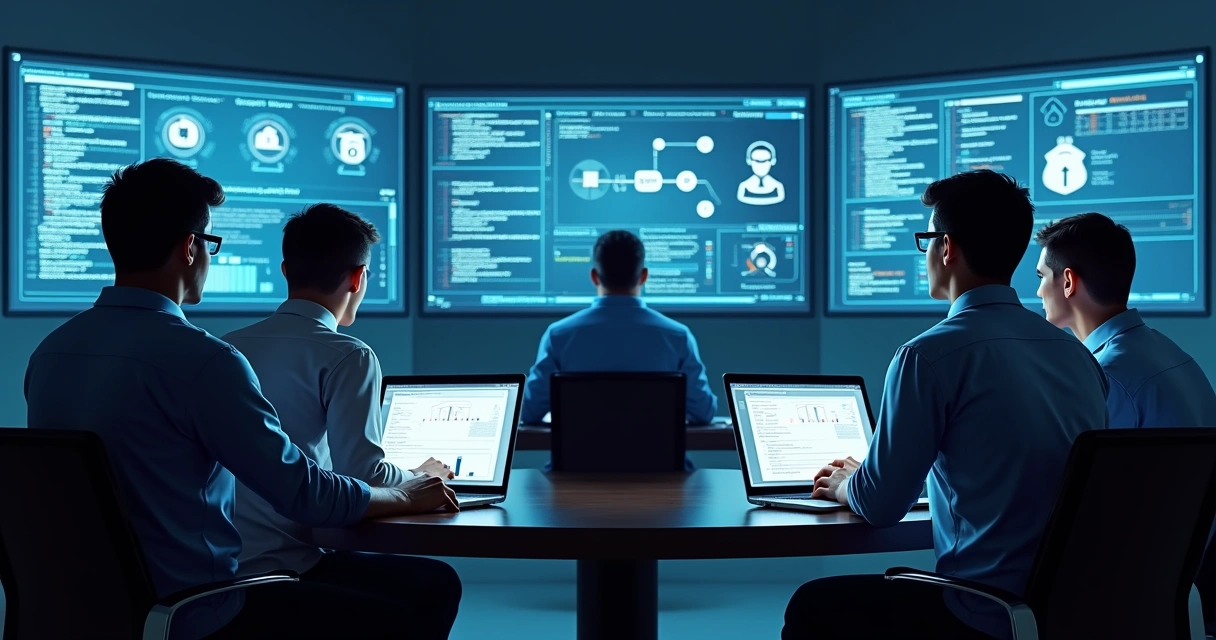 Especialistas em segurança digital avaliando código e sistemas, sala de reuniões, computadores e telas com gráficos técnicos 