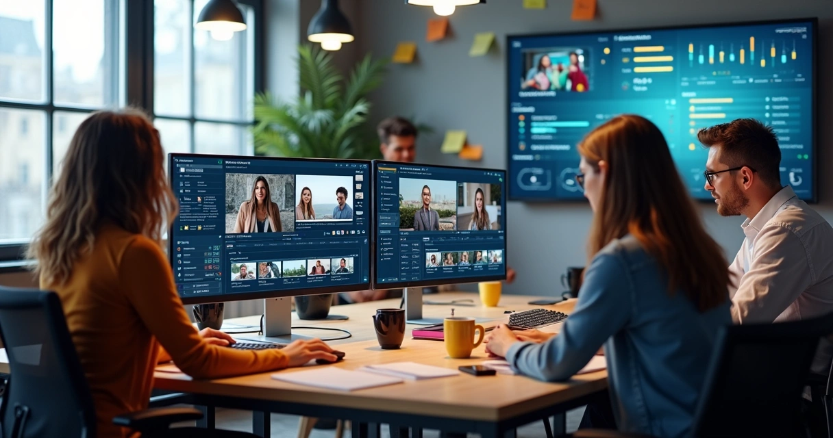Equipe social organizando telas com vídeos curtos e ferramentas de IA. 