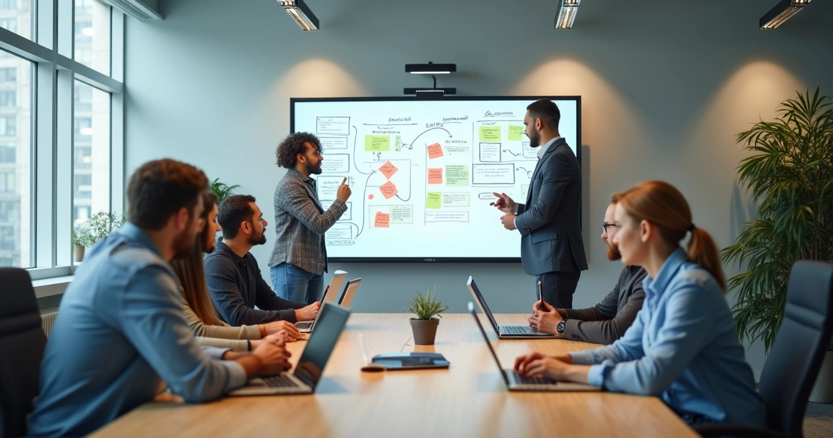 Equipe em sala de reunião usando notebooks e quadro branco 