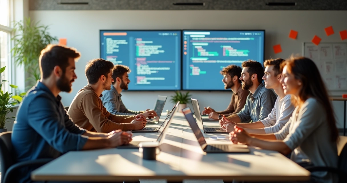 Sala de equipe de tecnologia discutindo em mesa com computadores em ambiente moderno 