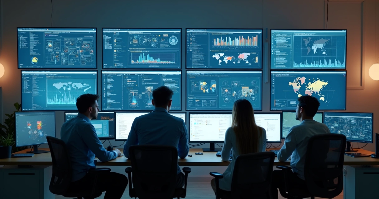 Equipe de tecnologia reunida em sala moderna com telas exibindo gráficos de IA