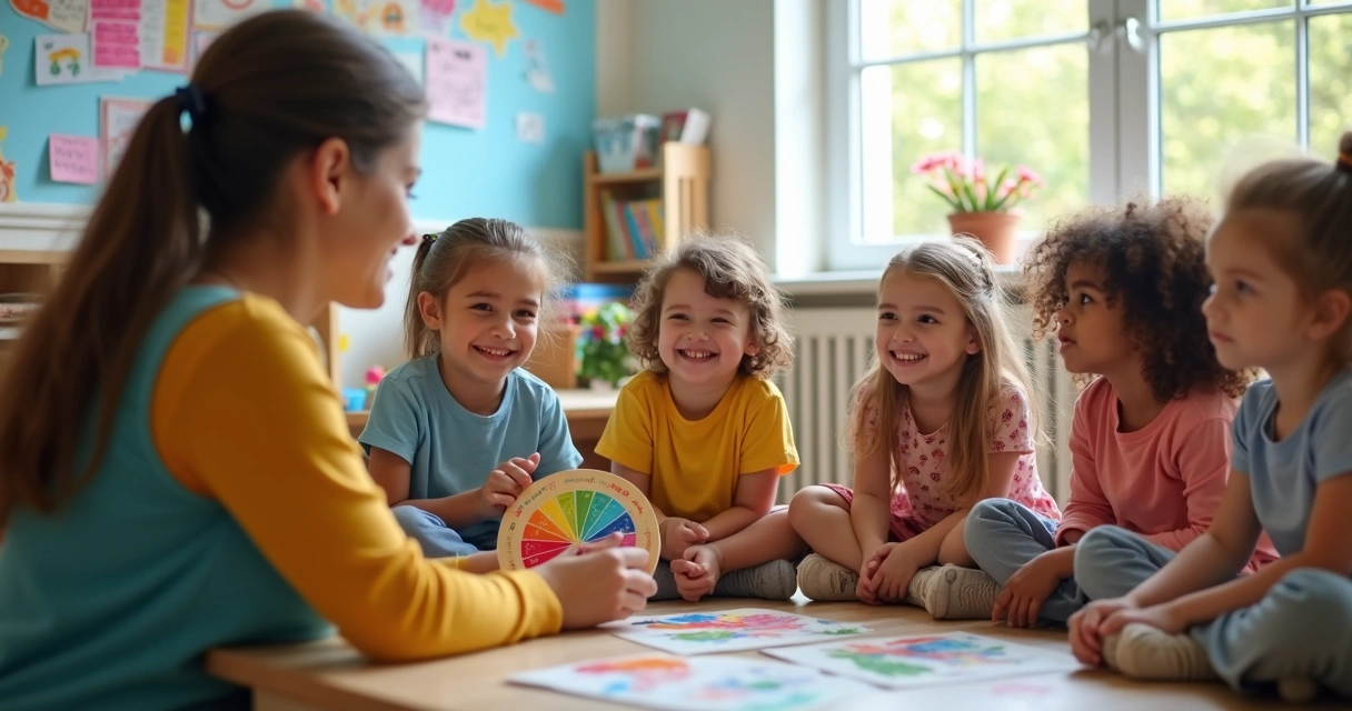Crianças em sala de aula representando diferentes emoções 