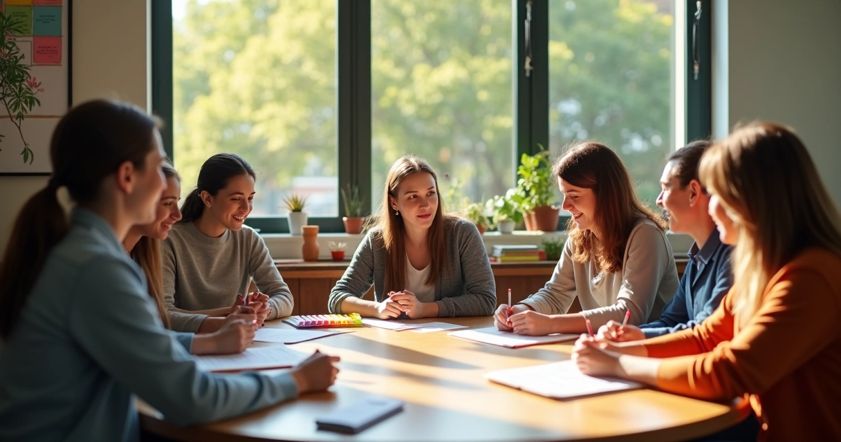 Equipe pedagógica reunida em sala escolar acolhedora 