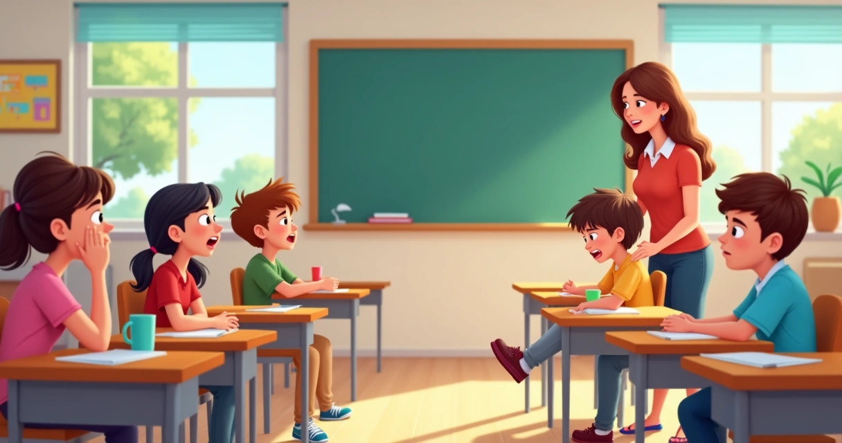 Sala de aula com alunos em diferentes estados emocionais, professora observando