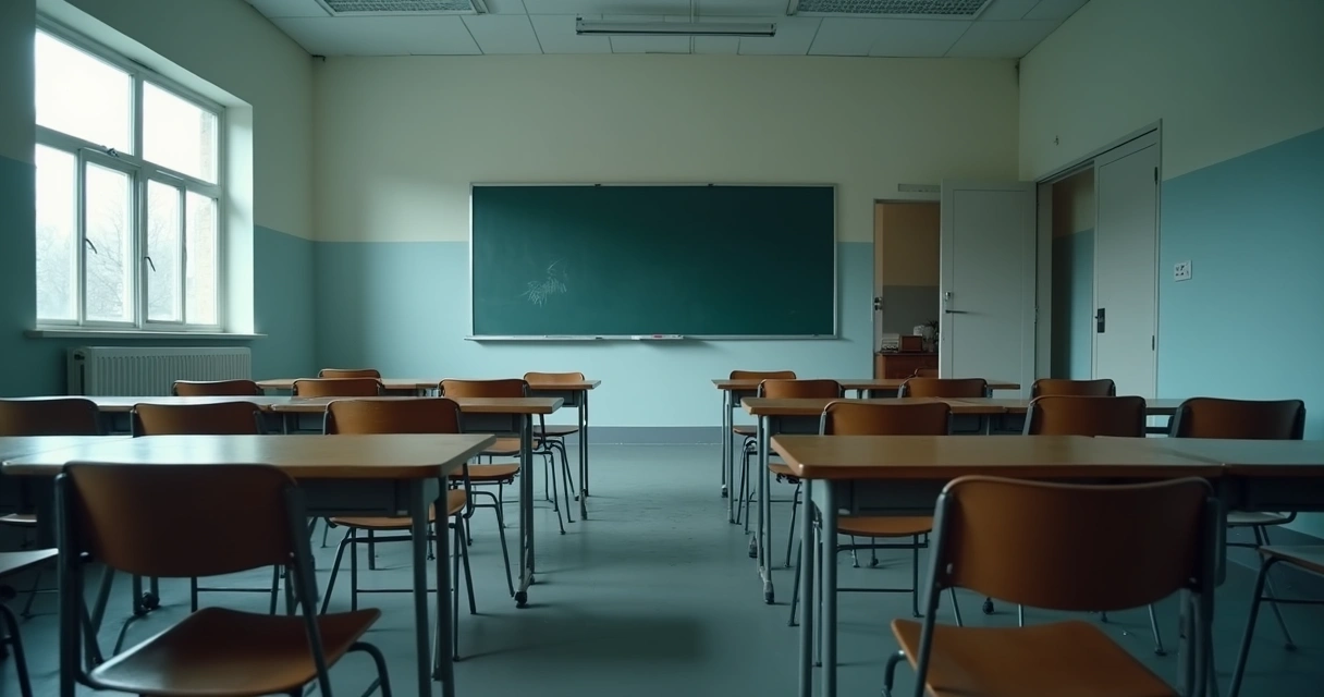 Sala escolar vazia com cadeiras desalinhadas e luz fria 