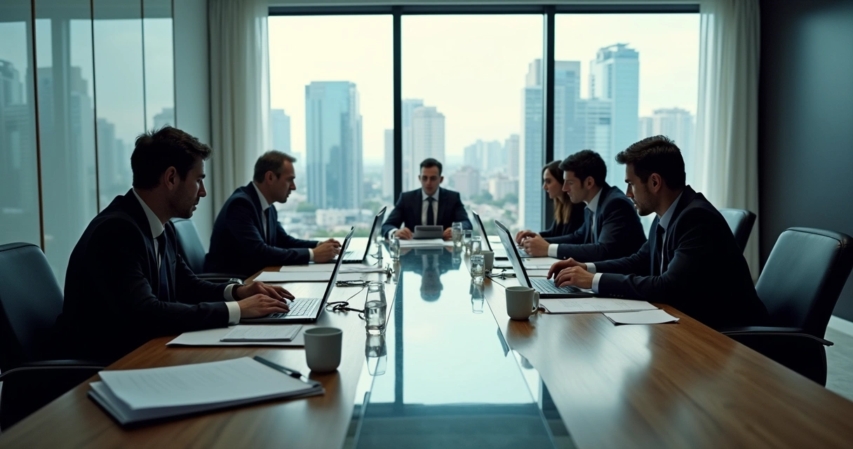 Escritório de advocacia brasileiro com advogados reunidos e documentos sobre a mesa 