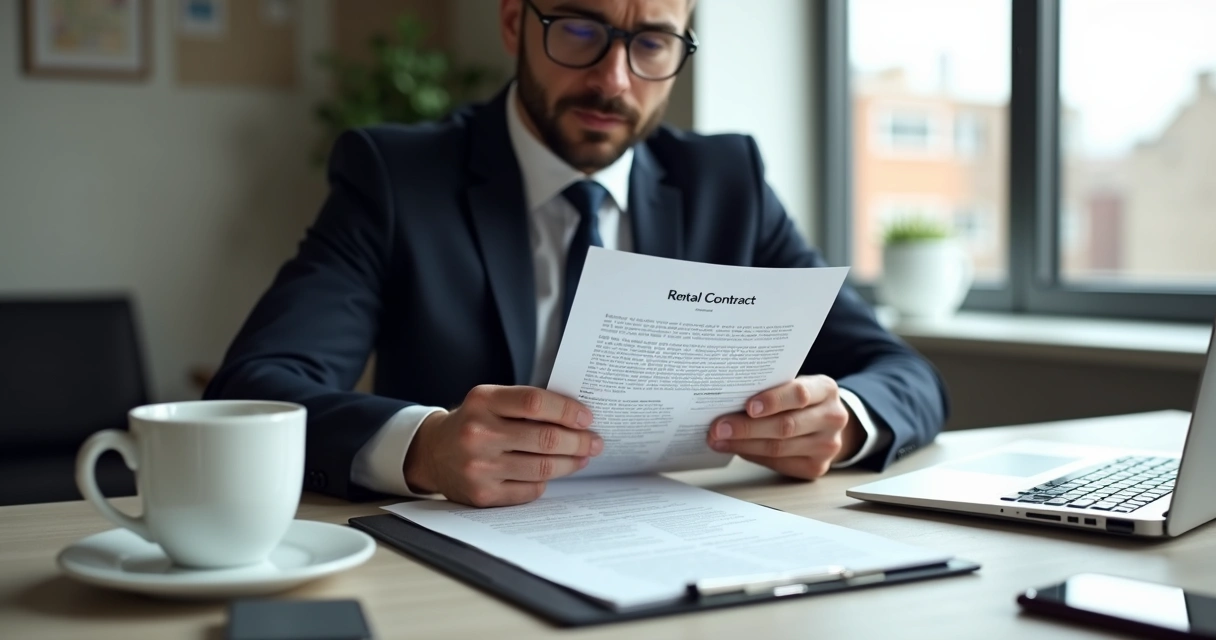 Advogado revisando contrato de locação em mesa de escritório 