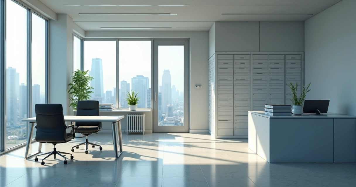 Cnpj desatualizado em SP: conheça os riscos de bloqueio 1 Sala de escritório virtual moderna com mesas vazias e caixas de correspondência.