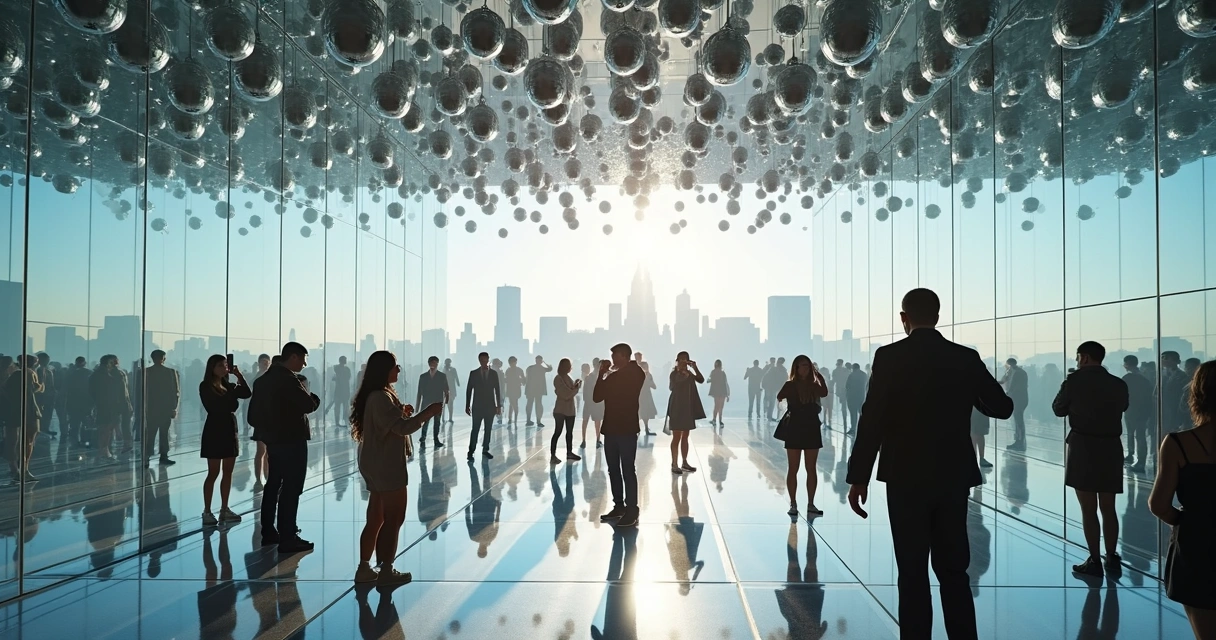 Sala espelhada do Summit com bolas prateadas flutuando 