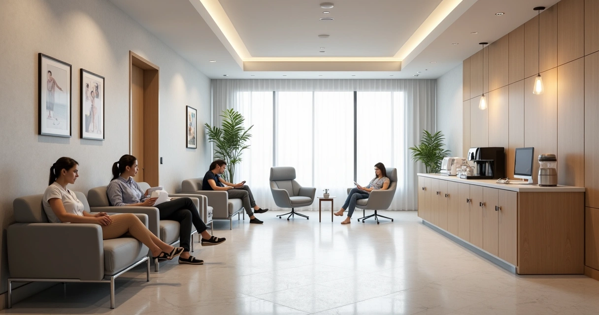 Sala de espera moderna em clínica, com pacientes confortáveis 