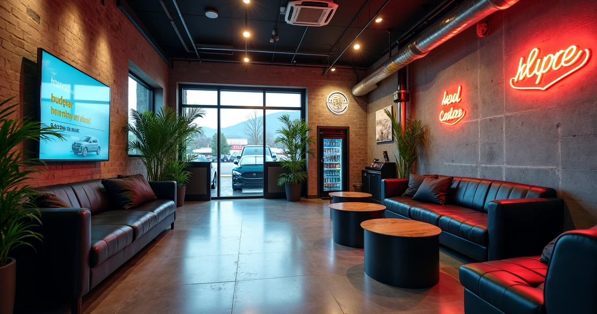 Sala de espera moderna e confortável em centro automotivo para clientes de veículos híbridos